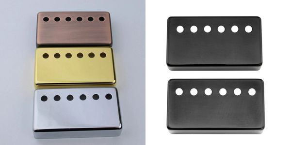Various metal guitar pickup covers in different finishes and styles.