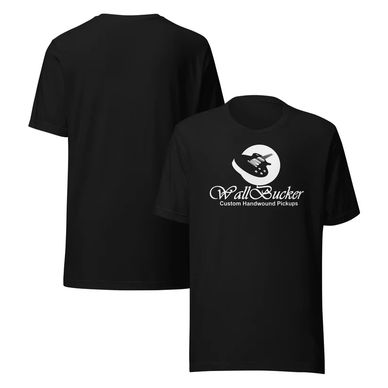 Black T-shirt with white logo and text on front, plain back.