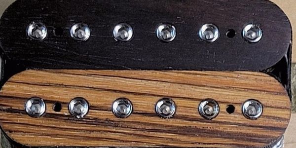 Close-up of two guitar pickups, one black and one wooden.