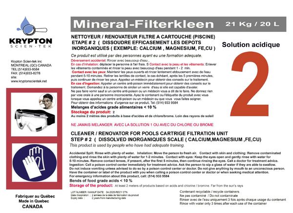 Acidic cleaning solution for pool cartridge filters, removes inorganic deposits safely.