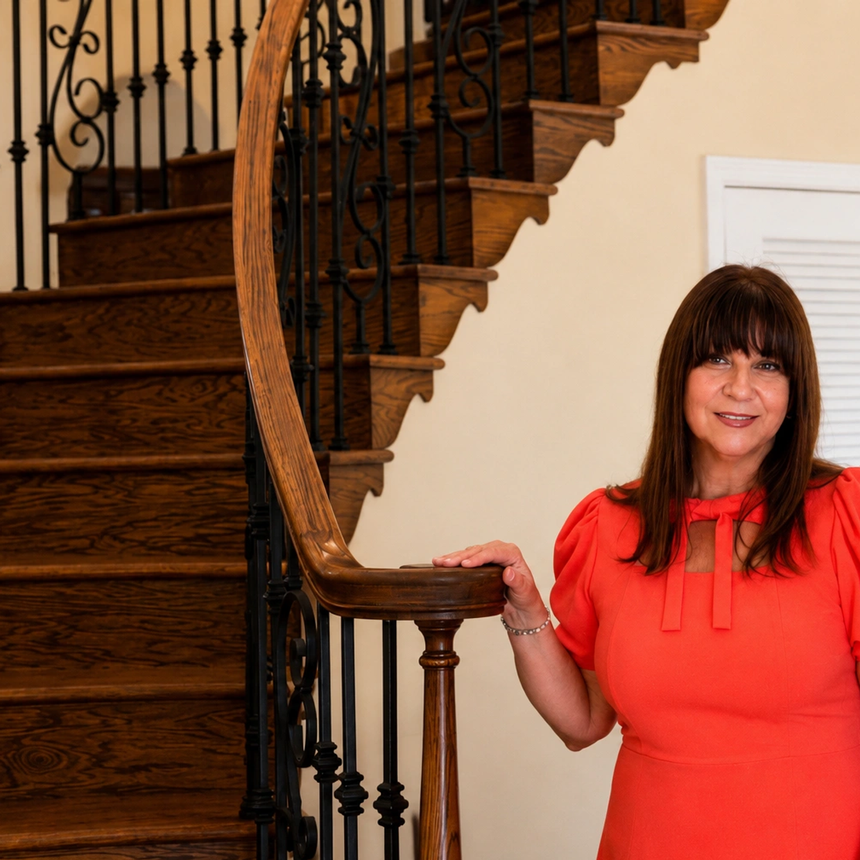 Woman in red dress standing by wooden staircase.