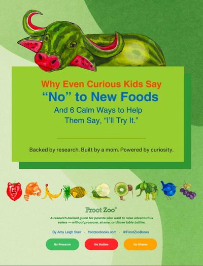 Illustration promoting a guide to help kids try new foods calmly and without pressure.