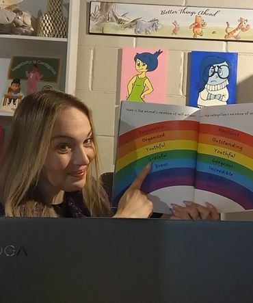 Mental health therapist implementing "My Very Own Rainbow and a Pot of Self-Esteem" through zoom.