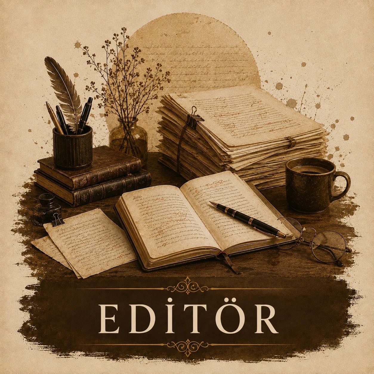 Eski tarzda yazı ve kalemlerle düzenlenmiş editör temalı masa.