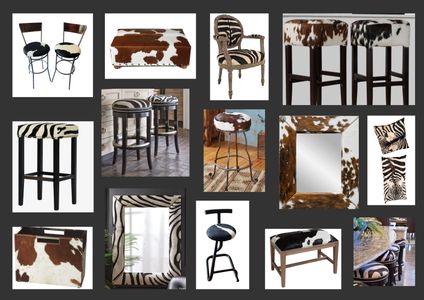 Zebra Hide Cow Hide Burchell Brazilian Cow Stools Mirrors Upcycled Furniture chairs footstool
