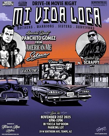 Drive-in movie night poster for 'Mi Vida Loca' featuring classic cars and special guests.