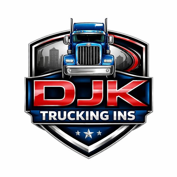 Logo of DJK Trucking Inc with a blue truck and cityscape.