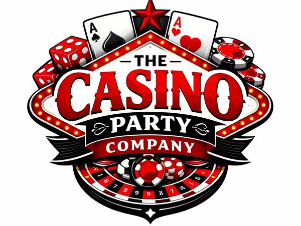 Logo for The Casino Party Company with cards, dice, chips, and roulette.
