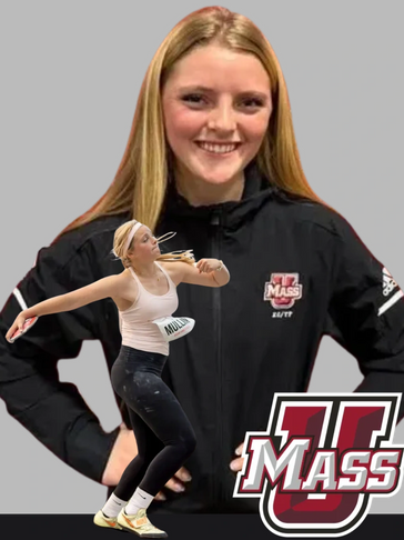 Athlete from UMass in action and portrait with logo.