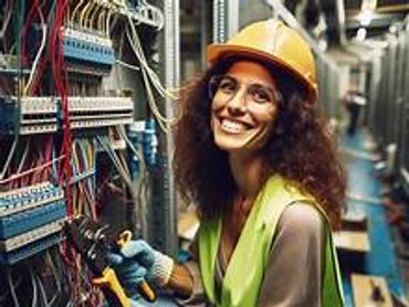 smiling woman electrician at work