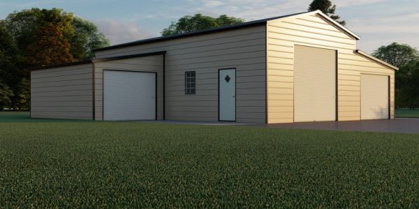 Large metal building with multiple garage doors and a side entrance.