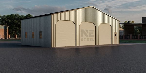 Metal warehouse building with three large doors and NE Steel logo.