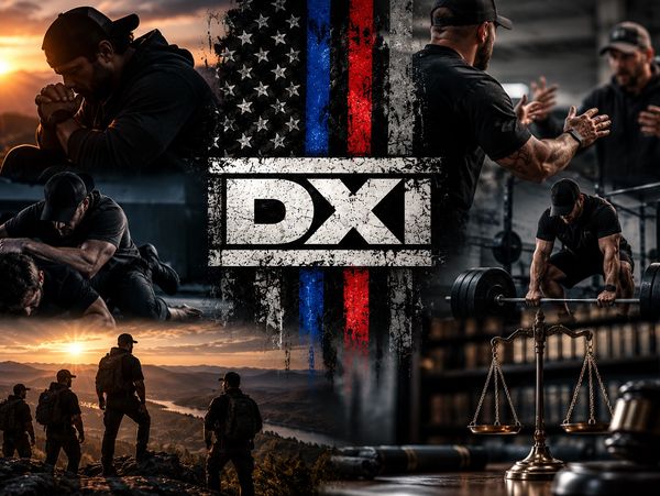 Collage showing law enforcement, fitness, and justice symbols around DXI logo.