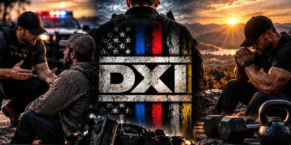 Police and fitness imagery with a DXI logo and American flag elements.
