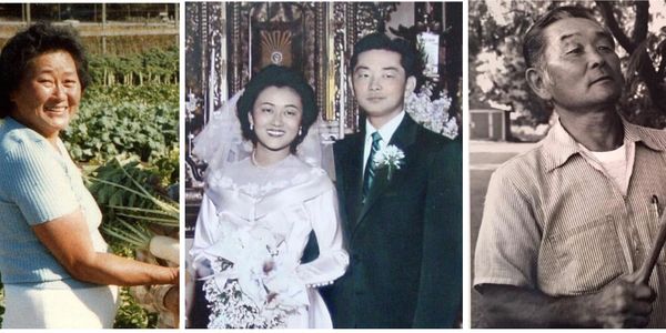 Three vintage photos of Asian individuals and a wedding couple.