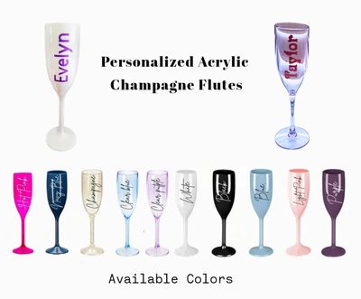 Personalized acrylic champagne flutes with custom names and multiple color options for party favors.