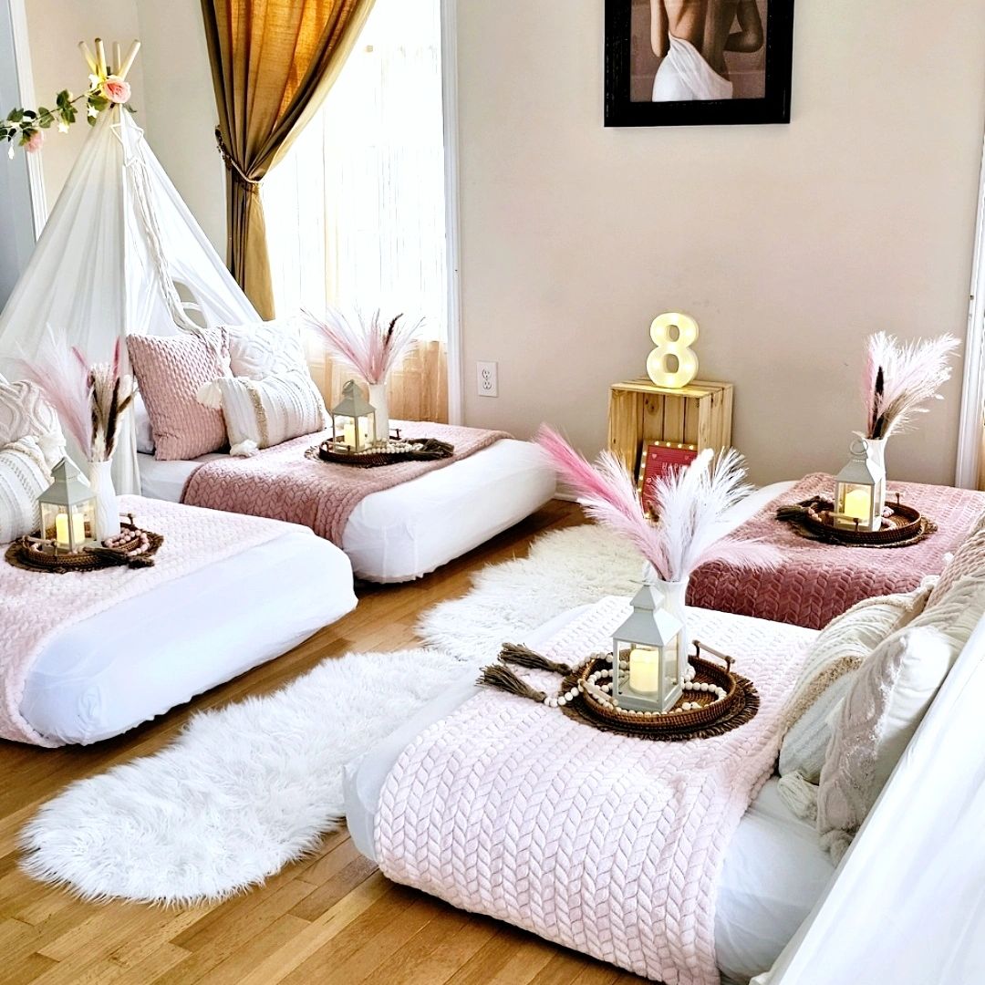 Boho chic teepee sleepover setup in Burnt Hills NY with soft pink and neutral decor
