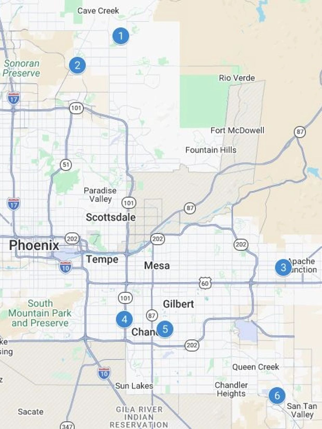 Map showing Phoenix metro area with marked points of interest numbered 1 to 6.