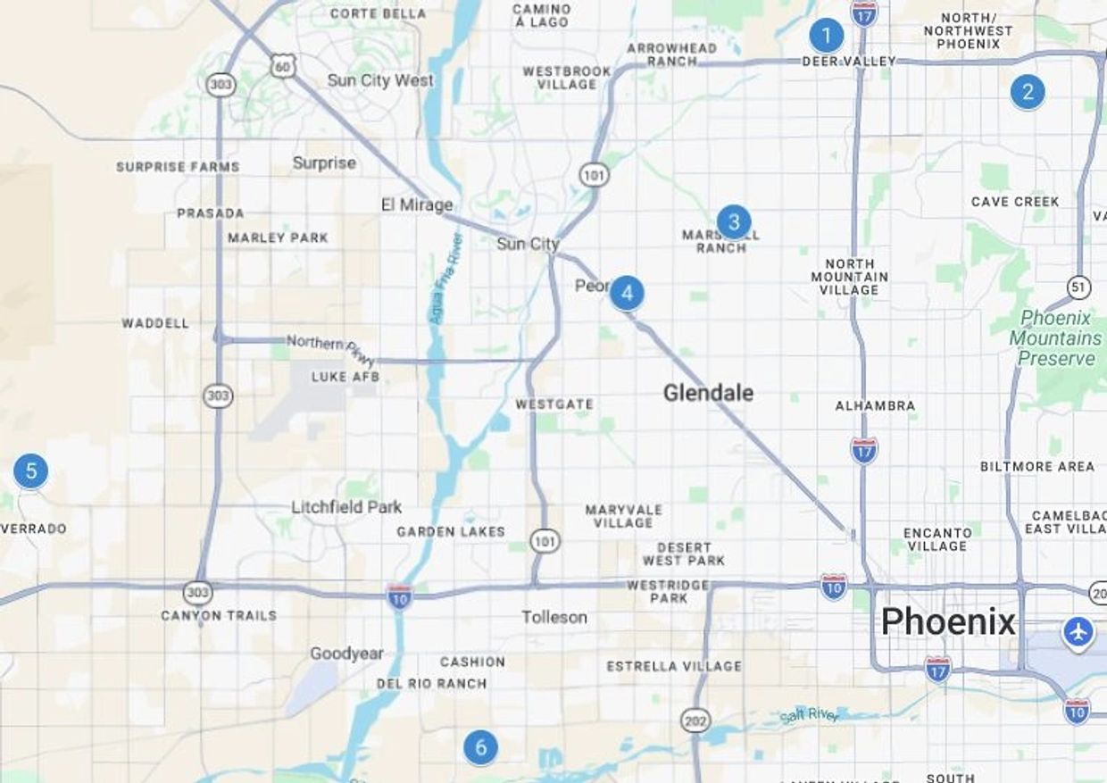 Map showing Phoenix and surrounding areas with marked points of interest.