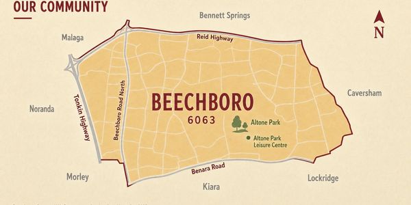 Map of Beechboro community area with key roads and landmarks.