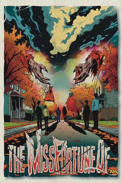Horror scene of giant hands over a street with people and fall trees.