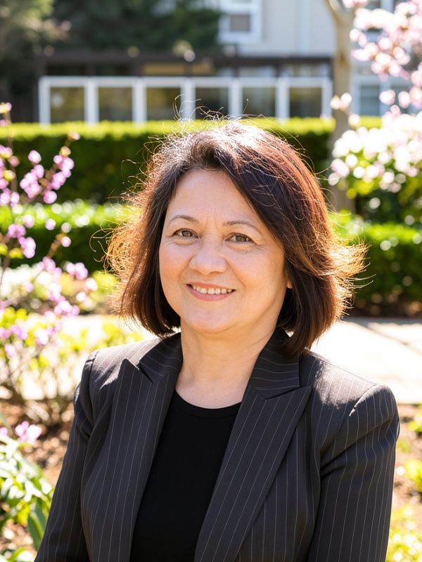 Smiling woman in a pinstripe suit outdoors.
