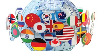 Concept: global communication | international communication Globe with country flags in chat bubbles