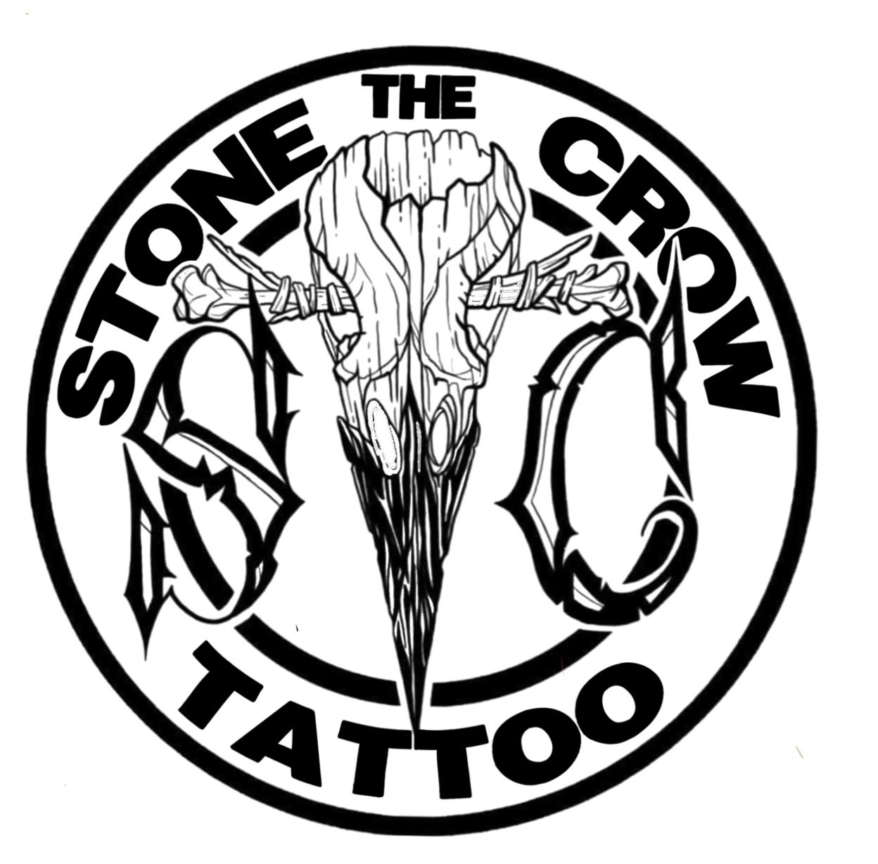 Logo of Stone The Crow Tattoo with a bird skull design.