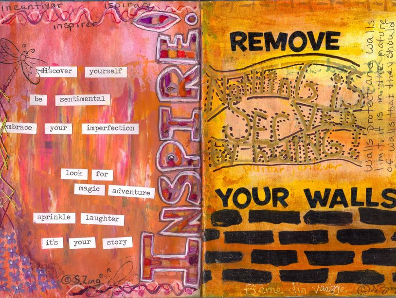 Inspirational mixed media artwork with motivational phrases and colorful abstract backgrounds.