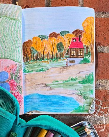 Whimsical Fall Cottage - Tombow Dual Brush Pens + Prismacolor Pencils