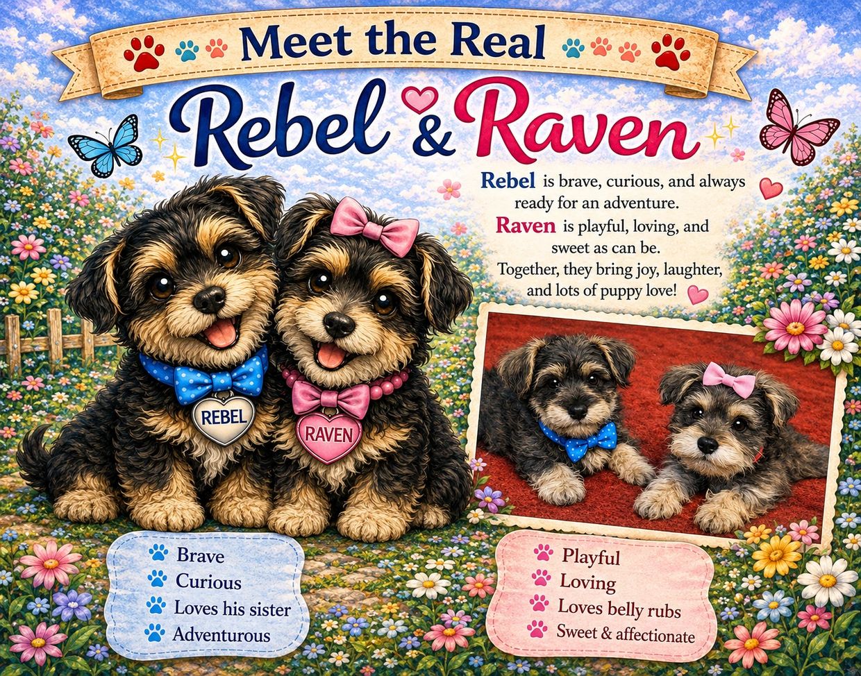 Illustration of two adorable puppies, Rebel and Raven, with their traits and a real photograph.