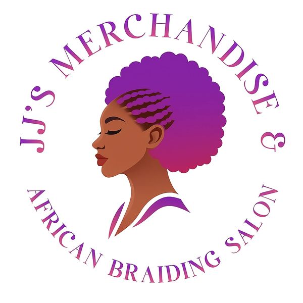 Logo of JJ's Merchandise & African Braiding Salon with a stylized woman and purple hair.