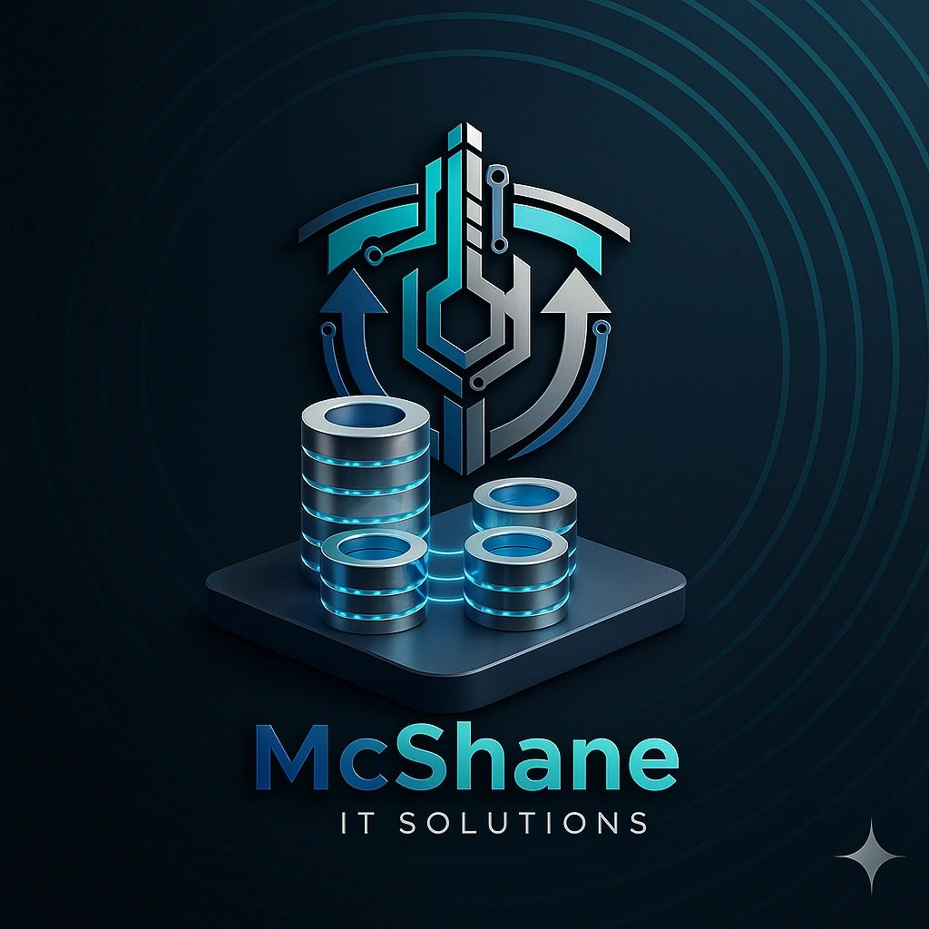 Futuristic logo for McShane IT Solutions with tech and data elements.