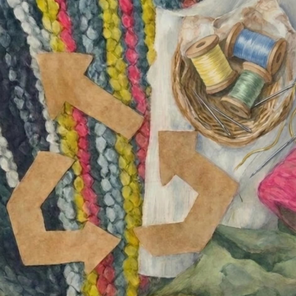 Knitting supplies and recycled paper arrows.