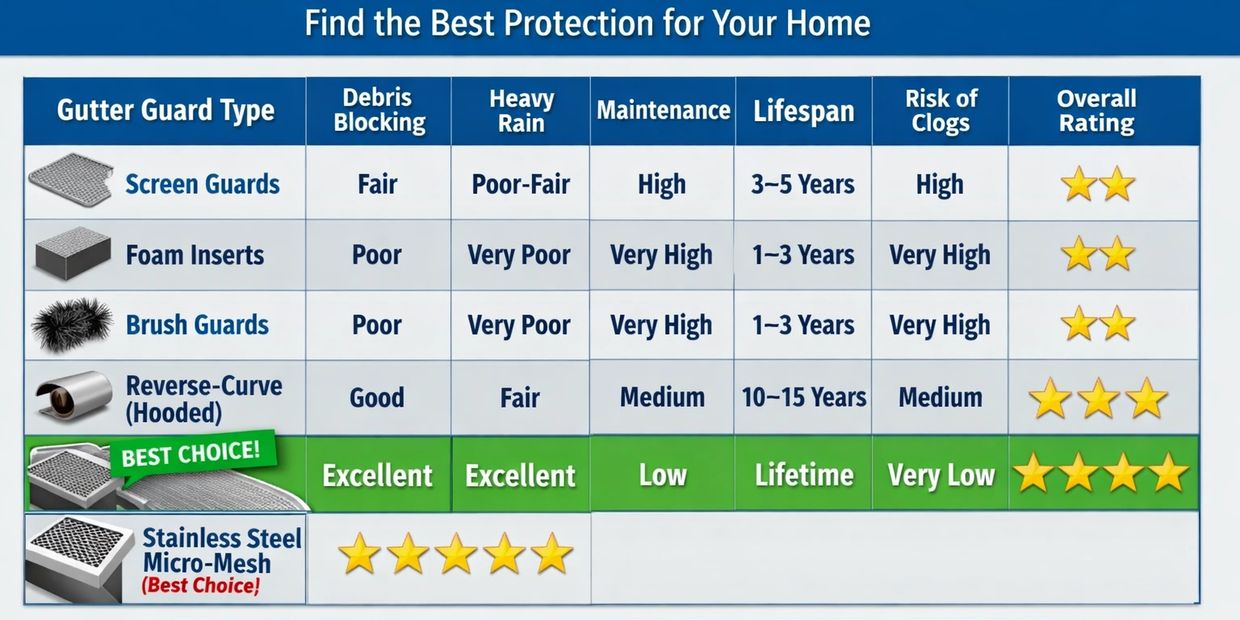 Comparison of the different types of Gutter Guards and ratings.