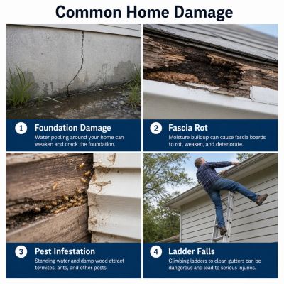 Water‑damaged fascia and roofline from clogged gutters. Rotted wood, peeling paint.