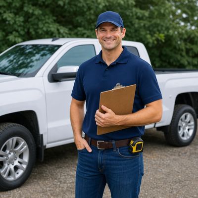 Home gutter inspector with a clipboard standing beside a work truck during an exterior evaluation.