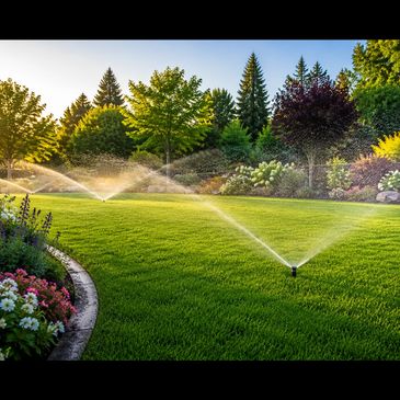 Sprinklers watering a green lawn in a garden.