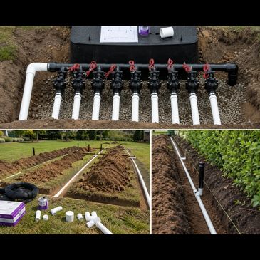 Irrigation system installation with PVC pipes and valves.