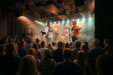 A band performing live on stage with an engaged audience.