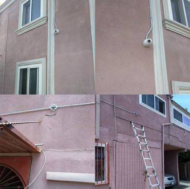 Four views of a house exterior with security cameras and a ladder.