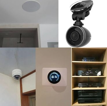 Various home electronics including security cameras, a smart thermostat, and audio equipment.