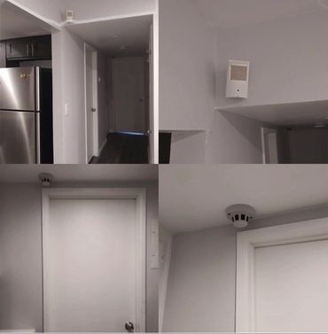 Four images showing a hallway, a sensor, and a door with a smoke detector above it.