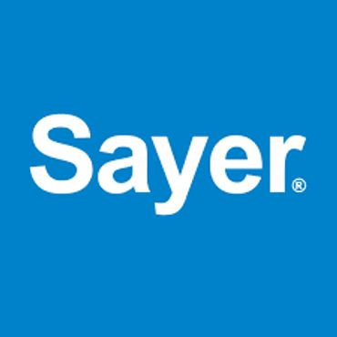 White 'Sayer' text logo on a blue background.