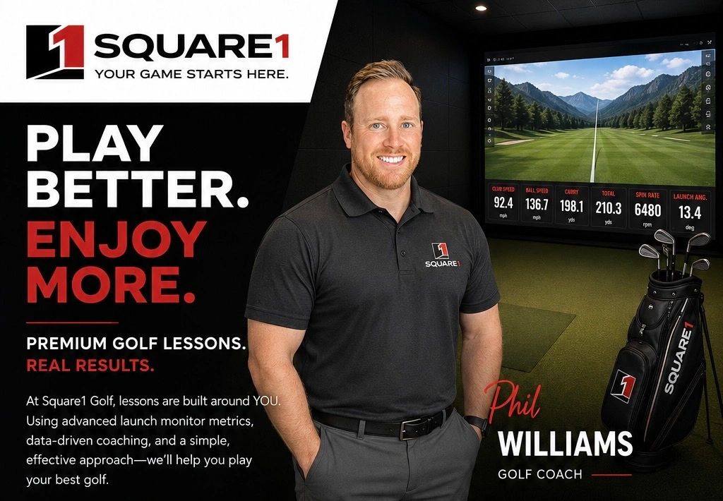 Golf coach Phil Williams promotes premium lessons with advanced metrics at Square1 Golf.