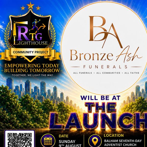 Announcement for Bronze Ash Funerals at RTG Lighthouse Community Project launch event.