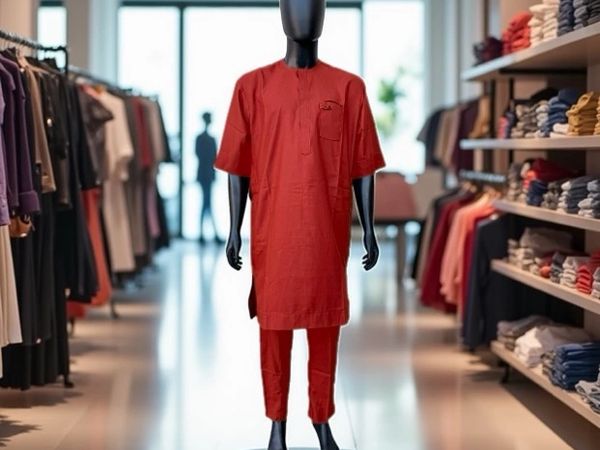 Mannequin dressed in a red traditional outfit in a clothing store.