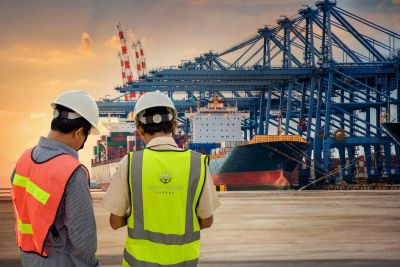 Two workers inspecting a container ship at a busy port.