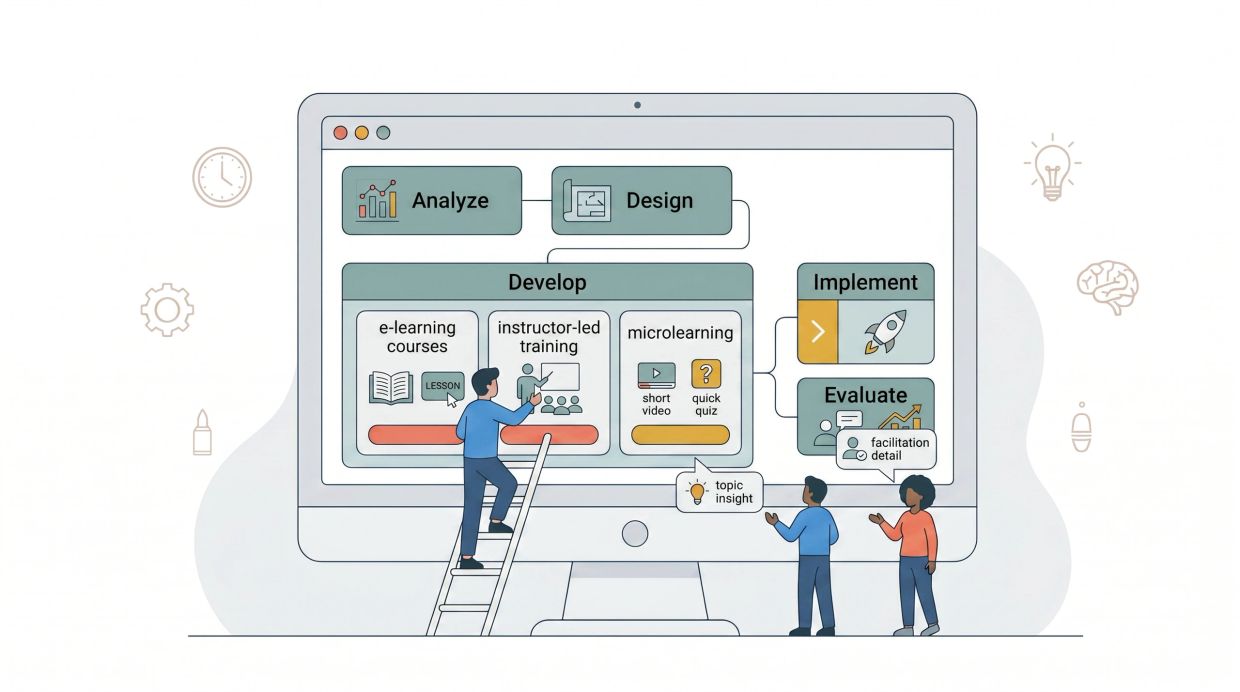Illustration of an e-learning development process on a computer screen with people collaborating.