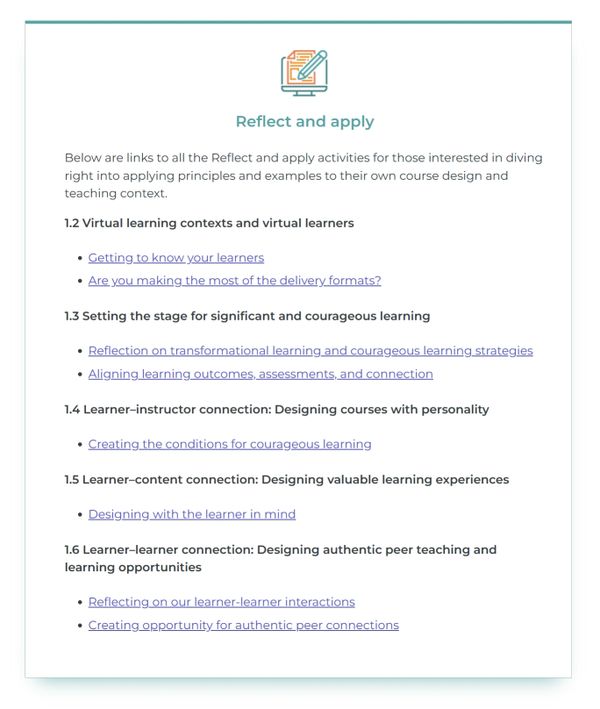 Reflect and apply section with links for course design and teaching activities.